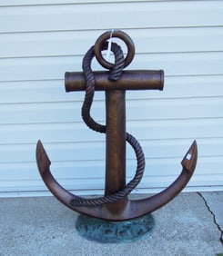 LARGE HEAVY BRONZE SCULPTURE OF ANCHOR WITH DOCK ROPE