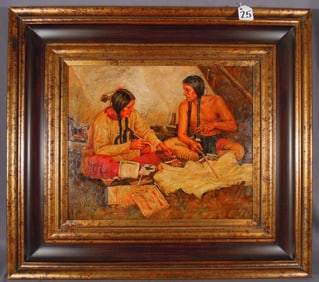 ORIGINAL OIL ON CANVAS BY TROY DENTON "TWO INDIANS IN TEPEE"