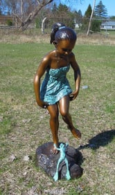 ADORABLE LARGE BRONZE SCULPTURE OF GIRL WITH FROG
