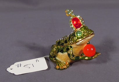 METAL, ENAMEL & RHINESTONE KINGFROG TRINKET BOX