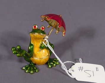 METAL, ENAMEL & RHINESTONE FROG WITH UMBRELLA TRINKET BOX