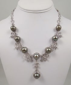 LADIES SPECTACULAR 14K W.G., TAHITIAN BLACK PEARL & DIAMOND NECKLACE
