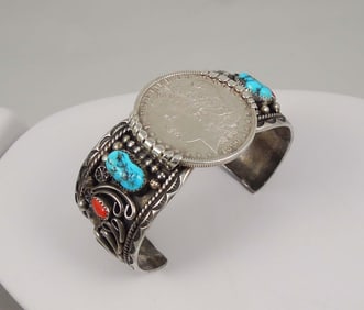 LARGE VINTAGE NATIVE AMERICAN STERLING SILVER, TURQUOISE, CORAL & MORGAN SILVER DOLLAR CUFF BRACELET