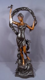 FABULOUS LARGE BRONZE SCULPTURE OF WOMAN WITH BIRDS