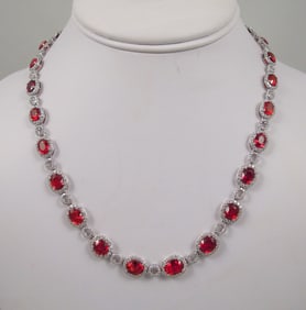 OUTSTANDING LADIES PLATINUM, REDISH/ORANGE SAPPHIRE & DIAMOND ETERNITY NECKLACE