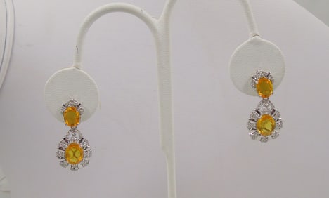 PAIR LADIES 14K W.G., YELLOW SAPPHIRE AND DIAMOND DANGLE EARRINGS
