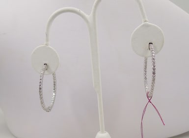 PAIR LADIES VERY FINE 14K W.G. & DIAMOND HOOP EARRINGS