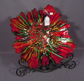 BEAUTIFUL MULTI COLORED ART GLASS CHARGER ON METAL STAND