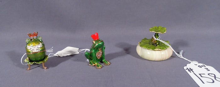 THREE FROG MOTIF METAL, ENAMEL & RHINESTONE TRINKET BOXES