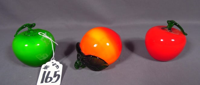 GROUP OF THREE HAND BLOWN ITALIAN ART GLASS SCULPTURES OF FRUIT
