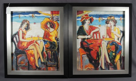 PAIR TARKAY STYLE OILS ON CANVAS: WOMEN AT BEACH