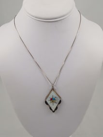 VINTAGE NATIVE AMERICAN STERLING SILVER, MOTHER OF PEARL, CORAL & TURQOUISE NECKLACE.