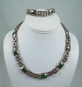 HEAVY STERLING SILVER & MALACHITE NECKLACE & BRACELET ENSEMBLE
