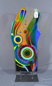 VERY MODERN HAND BLOWN ART GLASS SCULPTURE ON METAL BASE
