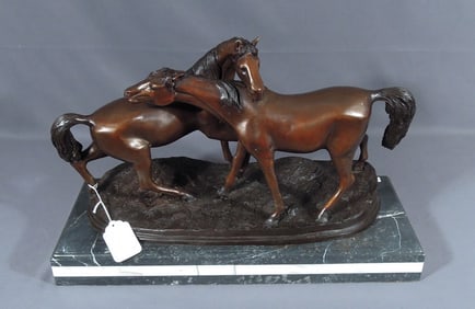 FINE HEAVY BRONZE SCULPTURE OF TWO HORSES
