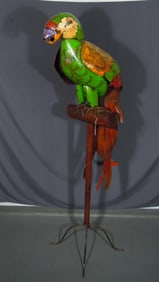 VINTAGE CUSTOM MADE HAND PAINTED METAL OUTDOOR SCULPTURE OF PARROT