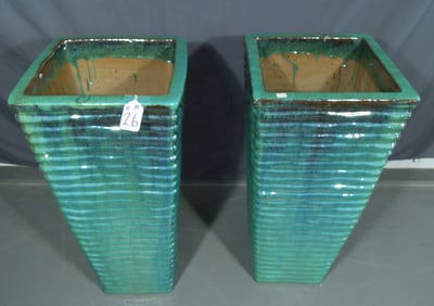PAIR LARGE GLAZED CERAMIC TALL PLANTERS