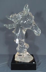 LARGE MODERN ACRYLIC BUST OF HORSE ON MARBLE BASE