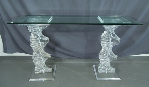 FINE MID-CENTURY MODERN HELIX SPIRAL LUCITE TABLE WITH BEVELED GLASS TOP
