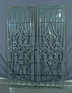 PAIR VINTAGE VERY FINE LEADED GLASS WINDOWS/DOOR INSERTS: Each in excellent condition. Each 67" high, 21 1/2" wide.