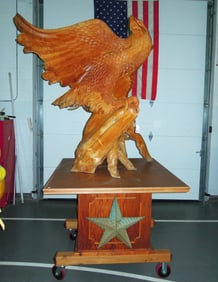 MONUMENTAL HAND CARVED TEAK SCULPTURE OF EAGLE WITH OUTSTRETCHED WINGS