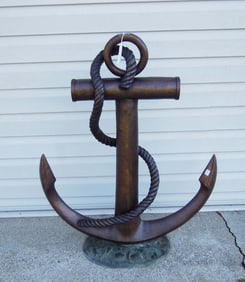 LARGE HEAVY BRONZE SCULPTURE OF ANCHOR WITH DOCK ROPE