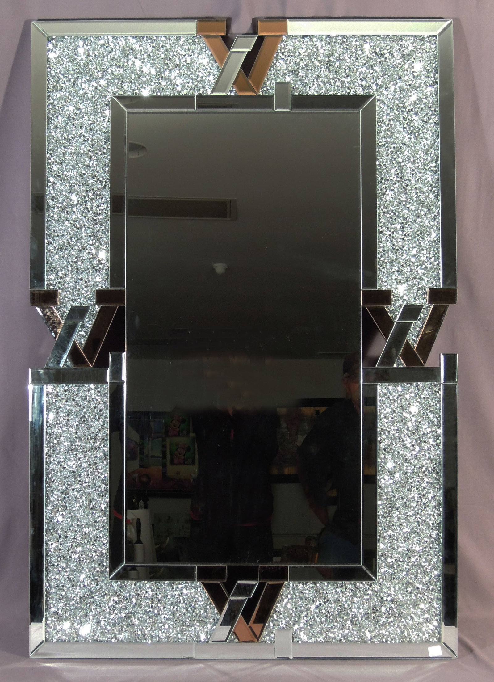 MODERN LOUIS VUITTON STYLE MIRROR: Border with multi crystals and "LV" on top, bottom and each side. Note: This is not made by Louis Vuitton. 47 1/2" x 31 1/2".