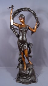FABULOUS LARGE BRONZE SCULPTURE OF WOMAN WITH BIRDS