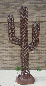 SPECTACULAR LARGE CUSTOM MADE CAST IRON & IRON HORSE SHOE CACTUS SCULPTURE