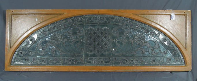 VINTAGE LEADED GLASS ARCHED TRANSOM WINDOW