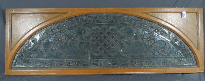 VINTAGE LEADED GLASS ARCHED TRANSOM WINDOW