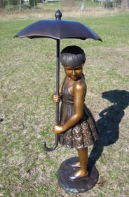 ADORABLE LIFE SIZE BRONZE SCULPTURE/FOUNTAIN OF YOUNG GIRL WITH UMBRELLA
