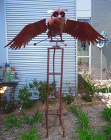 VERY LARGE OUTDOOR CUSTOM MADE METAL OWL MOTIF BALANCE SCULPTURE