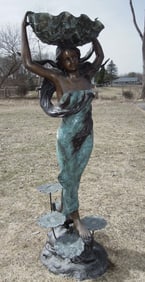 LIFE SIZE BRONZE WOMAN HOLDING SHELL OVER HEAD SCULPTURE/FOUNTAIN