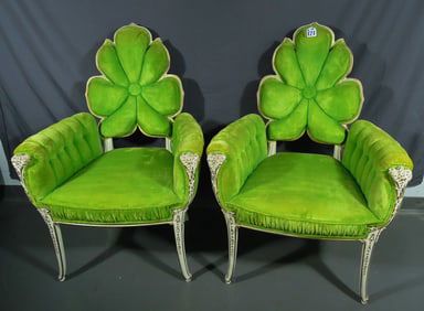 PAIR RARE ART DECO HAND CARVED WOOD & UPHOLSTERED FLOWER BACK CHAIRS