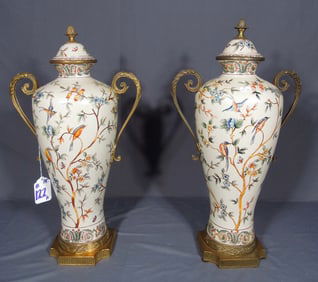 PAIR LARGE PORCELAIN AND BRONZE URNS