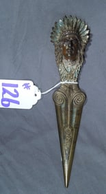 ANTIQUE C.J.O. JUDD INDIAN DESK ART CAST IRON STATUE LETTER OPENER KNIFE TOOL
