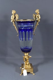 EURJOPEAN COBALT TO CLEAR CRYSTAL VASE WITH HEAVY DORE BRONZE
