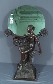 BEAUTIFUL ART DECO STYLE SEATED BRONZE GIRL WITH ROUND MIRROR