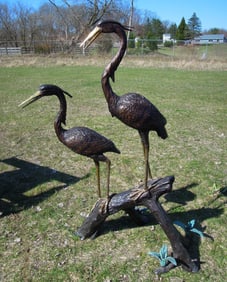 VERY LARGE BRONZE SCULPTURE/FOUNTAIN OF TWO HERONS ON BRANCH