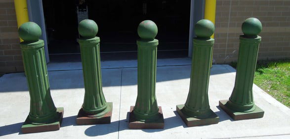 GROUP OF FIVE VINTAGE HAND PAINTED CAST IRON POSTS