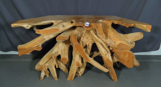 HEAVY HAND CARVED FREE FORM TEAK CONSOLE TABLE