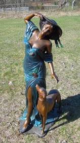 LARGE ART DECO STYLE BRONZE SCULPTURE OF WOMAN WITH DOG