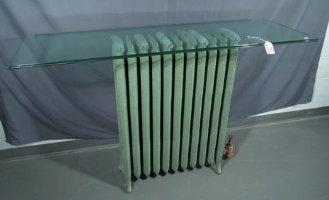 ANTIQUE RADIATOR WITH BEVELED GLASS TOP TO MAKE A CONSOLE TABLE