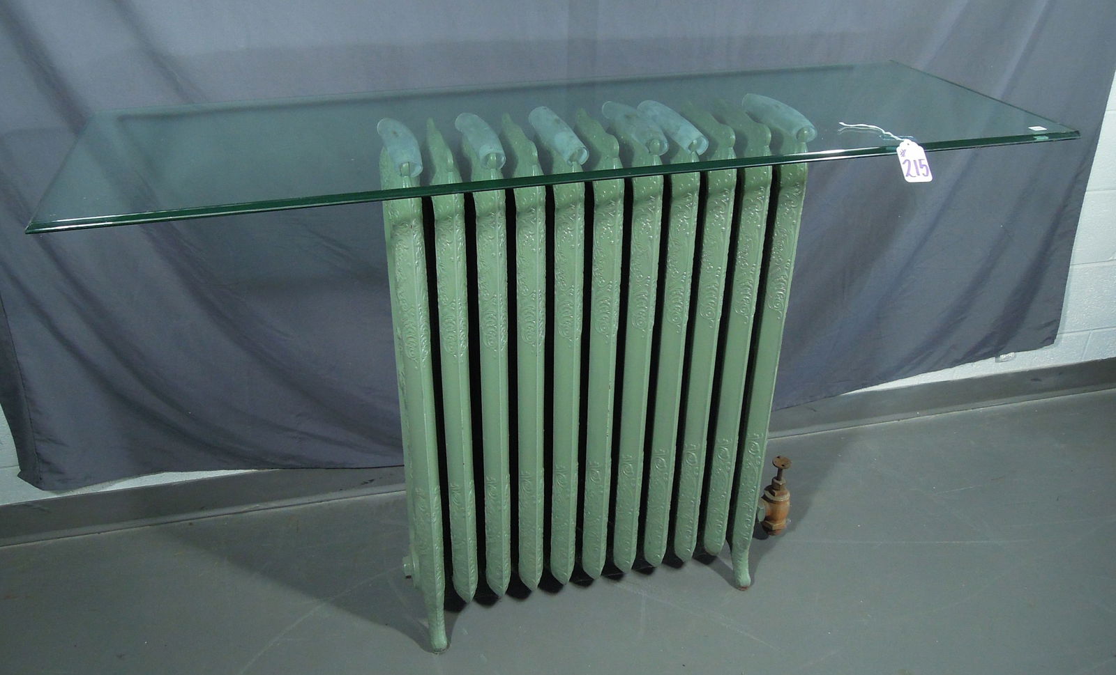ANTIQUE RADIATOR WITH BEVELED GLASS TOP TO MAKE A CONSOLE TABLE: 39" high, 59" wide, 20" deep.