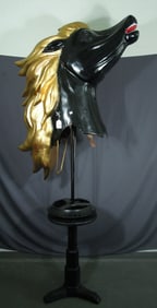 LARGE VINTAGE FIBERGLAS BUST OF HORSE ON HEAVY CAST IRON STAND