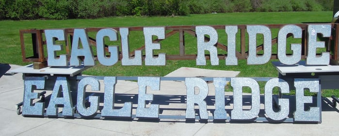 PAIR FINE CUSTOM MADE STEEL AND METAL WALL HANGING SIGNS "EAGLES RIDGE"