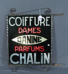RARE FRENCH ART DECO GLASS HAIR SALON "COIFFEUR" ADVERTISING SIGN