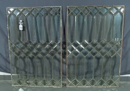 PAIR LEADED GLASS WINDOWS: Each in very good condition. 42" high, 28" wide, 1/4" deep.