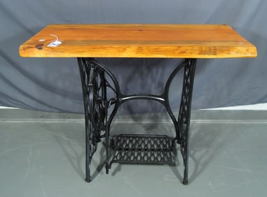 CUSTOM MADE ANTIQUE CAST IRON SEWING MACHINE BASE WITH TEAK TABLE TOP